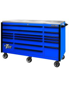 EXTEX7217RCQBLBK image(0) - Extreme Tools EXQ Series 72"W x 30"D 17-Drawer Pro Triple Bank Roller Cabinet Blue w/ Black Quick Release Drawer Pulls