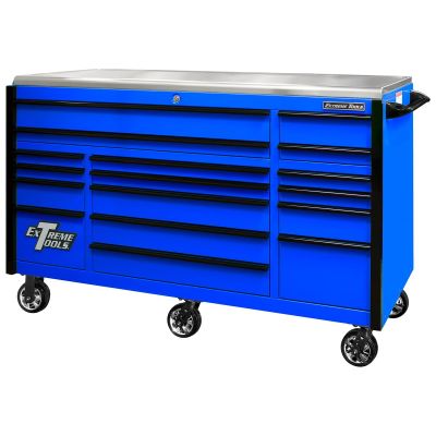 EXTEX7217RCQBLBK image(0) - Extreme Tools EXQ Series 72"W x 30"D 17-Drawer Pro Triple Bank Roller Cabinet Blue w/ Black Quick Release Drawer Pulls