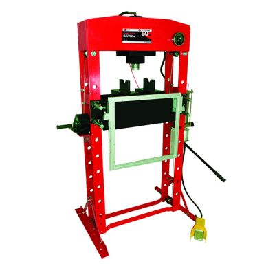 INT854ASD image(0) - American Forge & Foundry AFF - Shop Press - 50 Ton Capacity - Foot Operated Air Motor/Manual Pump W/ Hydraulic Ram - Built In Polycarbonate Press Guard - 10 pc  Pin & Bearing Press Adapter Set Included - SUPER DUTY